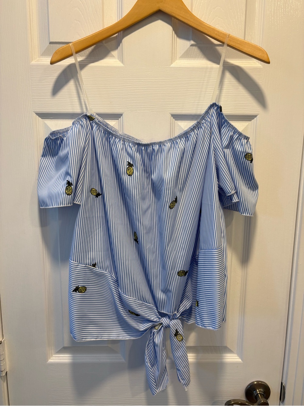 Off-Shoulder Blue & White Striped Tie-Front Blouse with Pineapple Detail